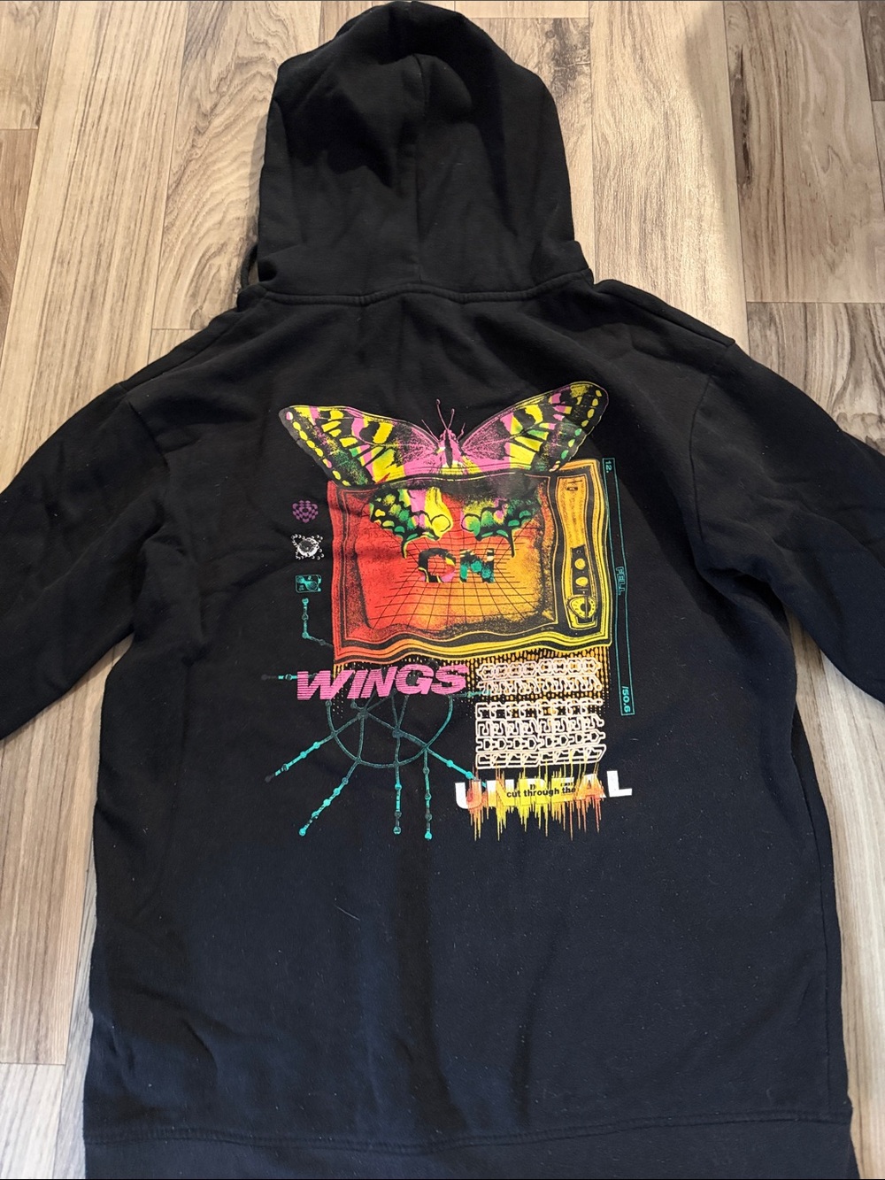 Zumiez Black Hoodie with Multicolor Butterfly & Retro TV Graphic